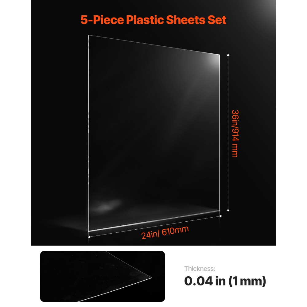 VEVOR PET/genomskinliga ark, 5-pack plastark, 24 x 36 tum 0,04 tum tjocka transparenta, flexibla plastpaneler för hantverk, reservglas för bildram, gör-det-själv-displayprojekt, lätt att skära