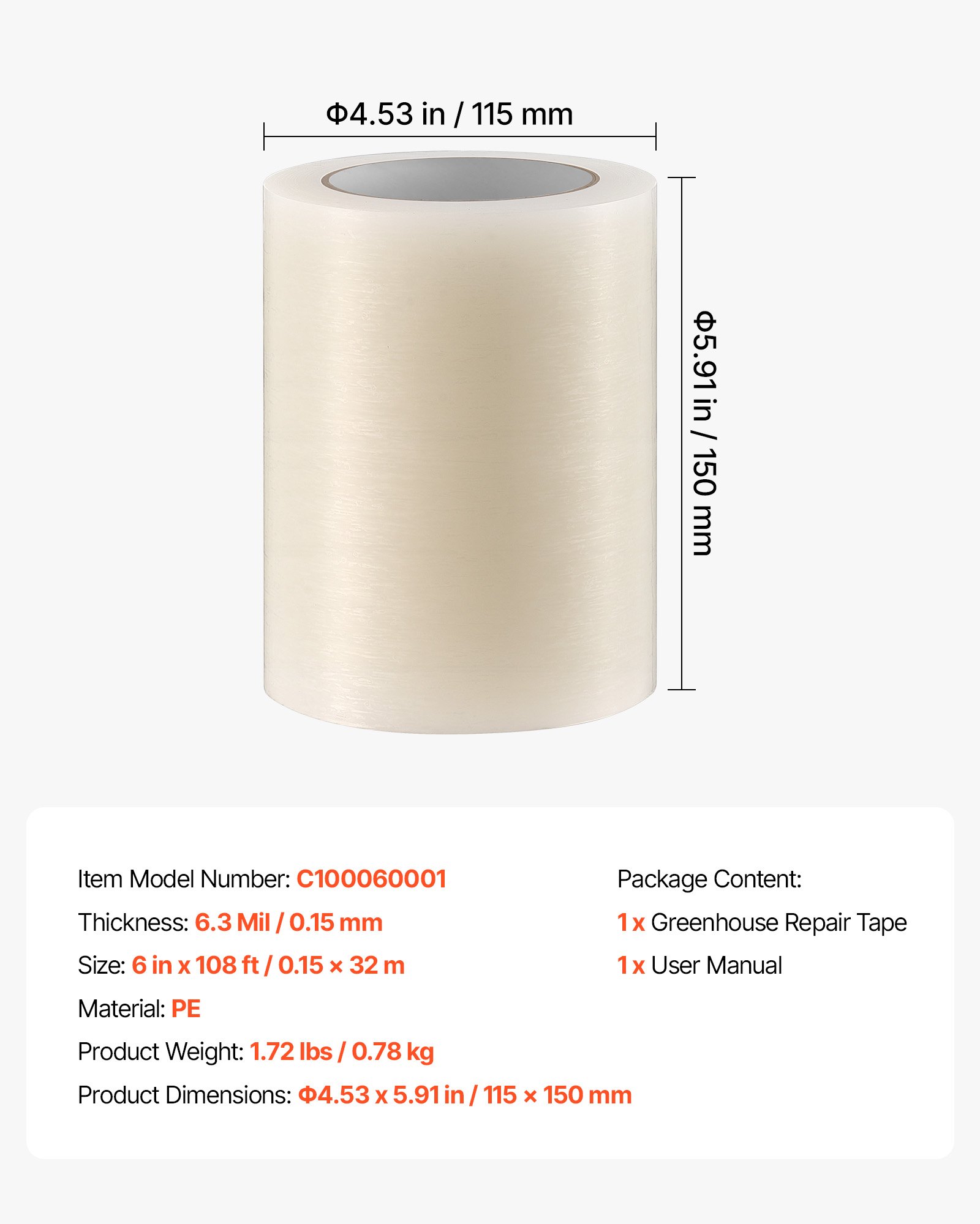 VEVOR Greenhouse Repair Tape 0.15x32 m 0.15 mm Clear Polyethylene Patch, for Plastic Sheeting & Tent Seaming Sealing, Waterproof & Sun-Resistant, Heavy Duty Greenhouse Sheeting Coverings Film Tape