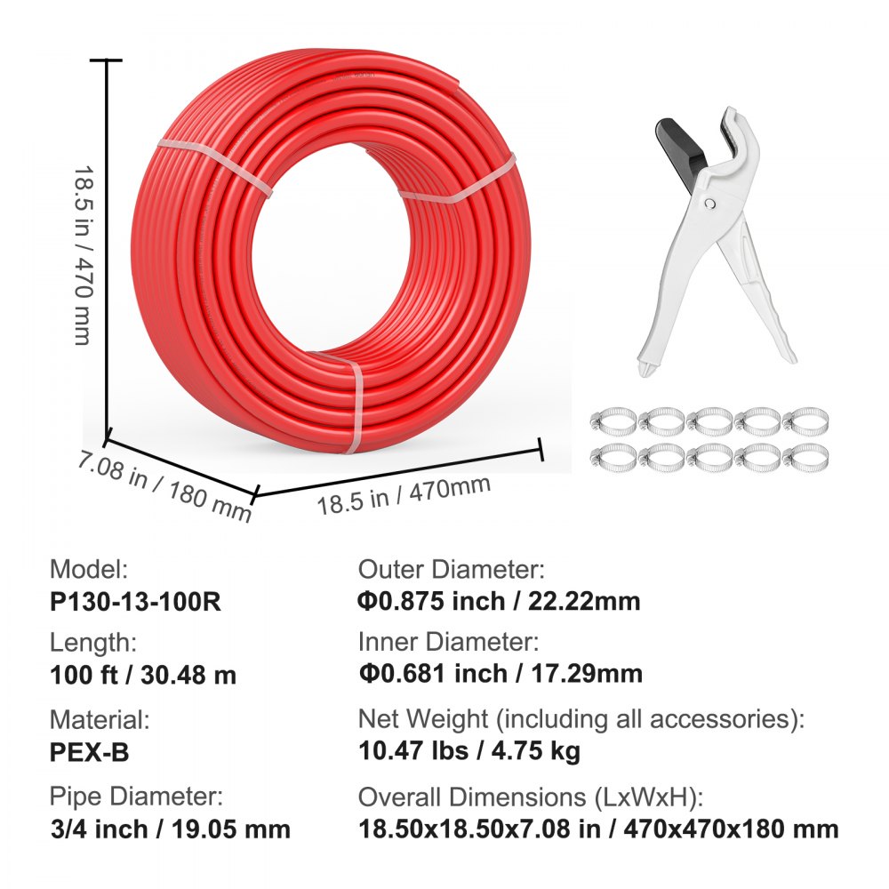 VEVOR PEX Pipe 3/4 Inch, 100 Feet Length PEX-B Flexible Pipe Tubing for Potable Water, Pex Water Lines for Hot/Cold Water & Easily Restore, Plumbing Applications with Free Cutter & Clamps ,Red