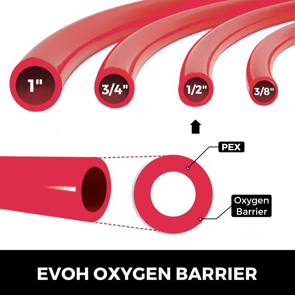VEVOR Oxygen Barrier PEX Tubing - 1/2 Inch X 500 Feet Tube Coil - EVOH PEX-B Pipe for Residential Commercial Radiant Floor Heating Pex Pipe (1/2" O2-Barrier, 500Ft/Red)