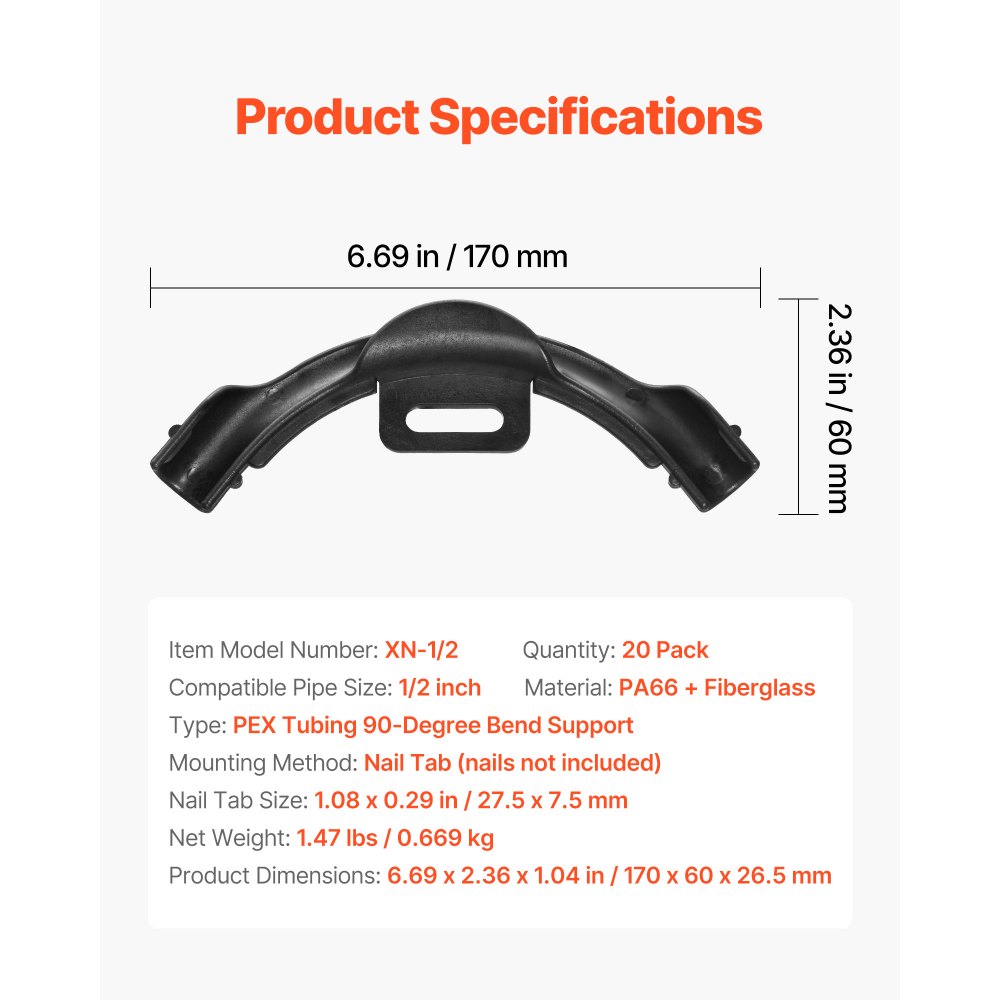 VEVOR PEX Tubing Bend Support, 20 Packs 90-Degree Elbow Bend Support Compatible with 1/2-inch PEX Pipes, Corrosion & Rust Resistant Pex Clamps Pipe Holder with Nail Tab
