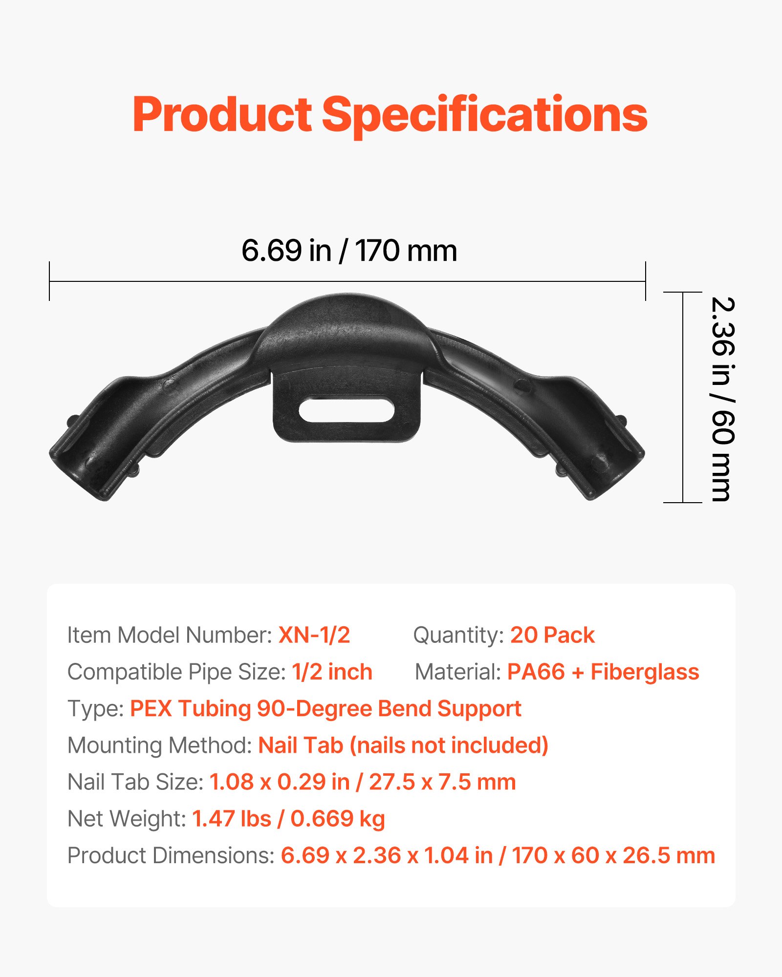 VEVOR PEX Tubing Bend Support, 20 Packs 90-Degree Elbow Bend Support Compatible with 1/2-inch PEX Pipes, Corrosion & Rust Resistant Pex Clamps Pipe Holder with Nail Tab