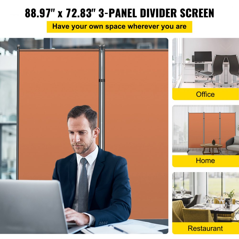VEVOR Office Partition 89" W x 14" D x 73" H Room Divider 3-Panel Office Divider Folding Portable Office Walls w/ Non-See-Through Fabric Room Partition Reddish Brown for Room Office Restaurant