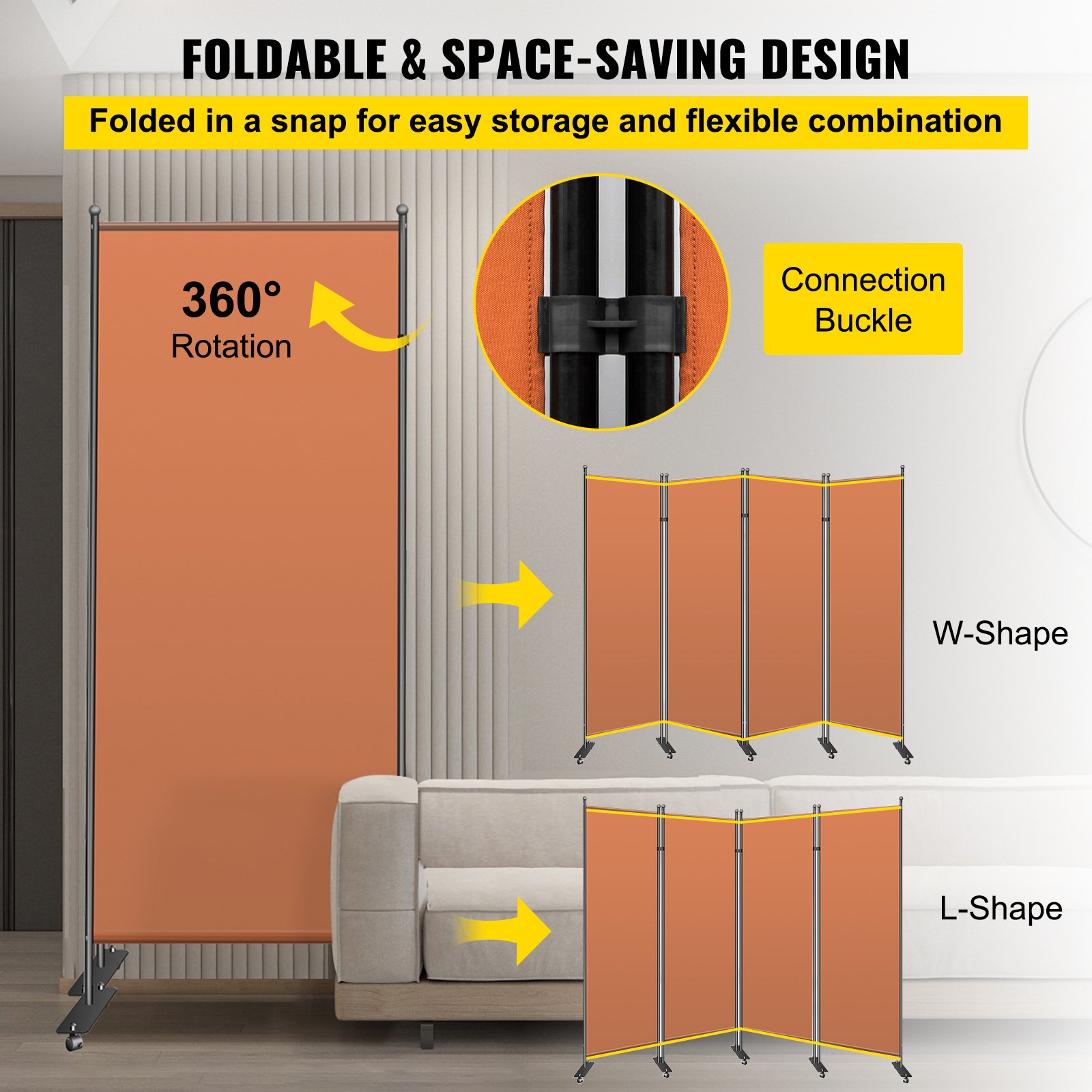 VEVOR Office Partition 89" W x 14" D x 73" H Room Divider 3-Panel Office Divider Folding Portable Office Walls w/ Non-See-Through Fabric Room Partition Reddish Brown for Room Office Restaurant