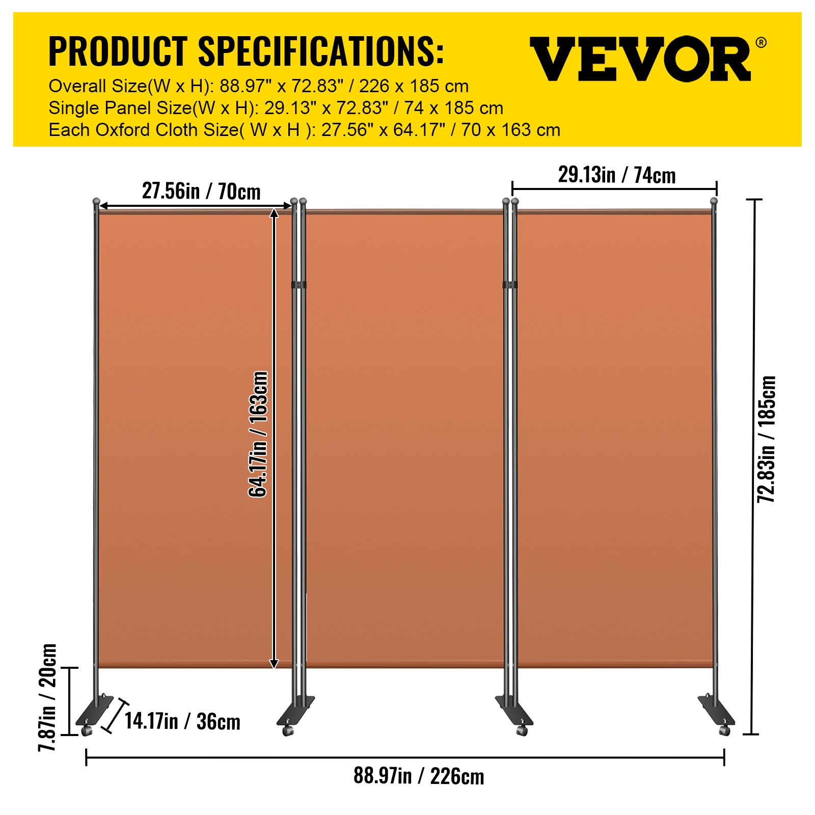 VEVOR Office Partition 89" W x 14" D x 73" H Room Divider 3-Panel Office Divider Folding Portable Office Walls w/ Non-See-Through Fabric Room Partition Reddish Brown for Room Office Restaurant