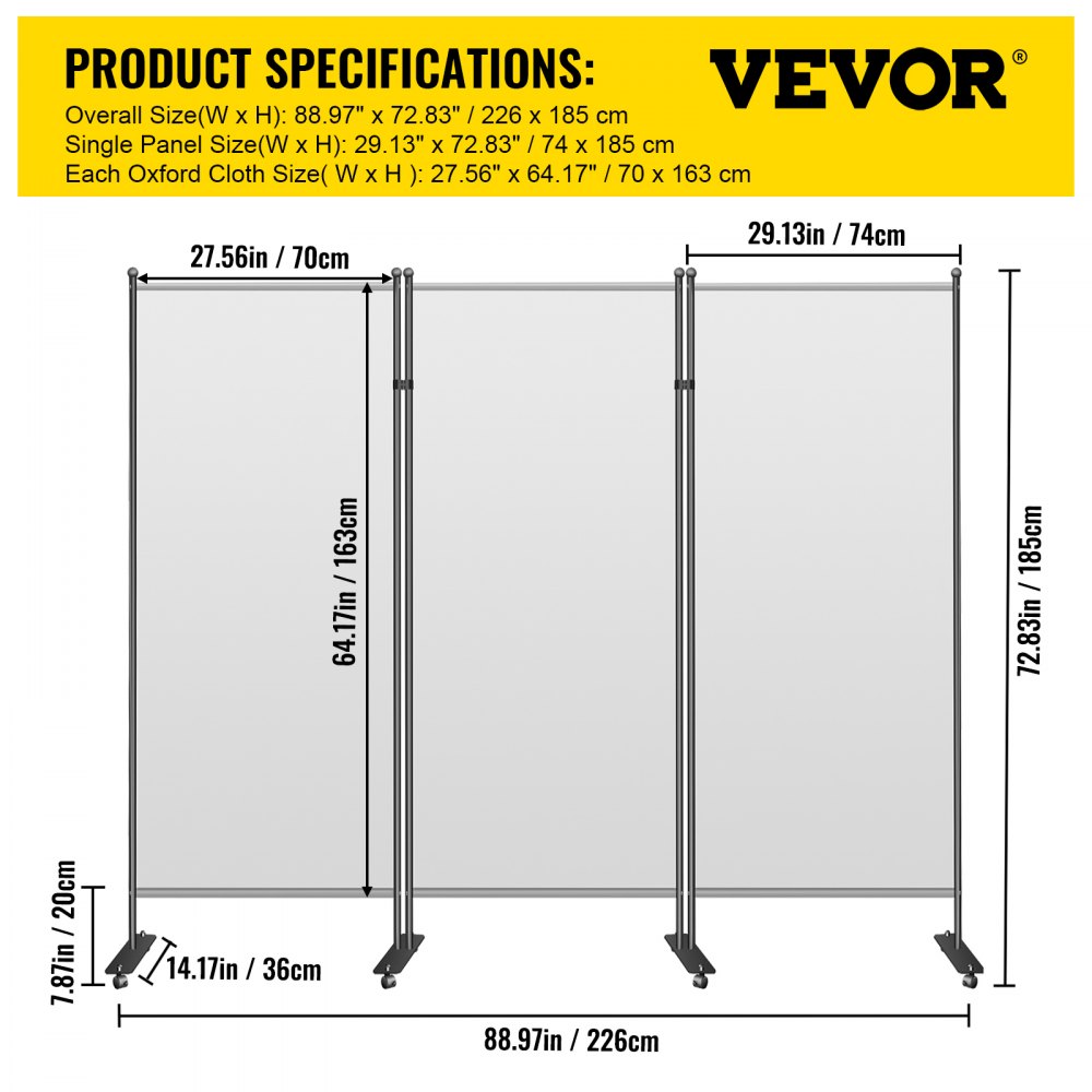 VEVOR Office Partition 89" W x 14" D x 72.8" H Room Divider 3-Panel Office Divider Folding Portable Office Walls with Non-See-Through Fabric Room Partition Light Gray for Room Office Restaurant
