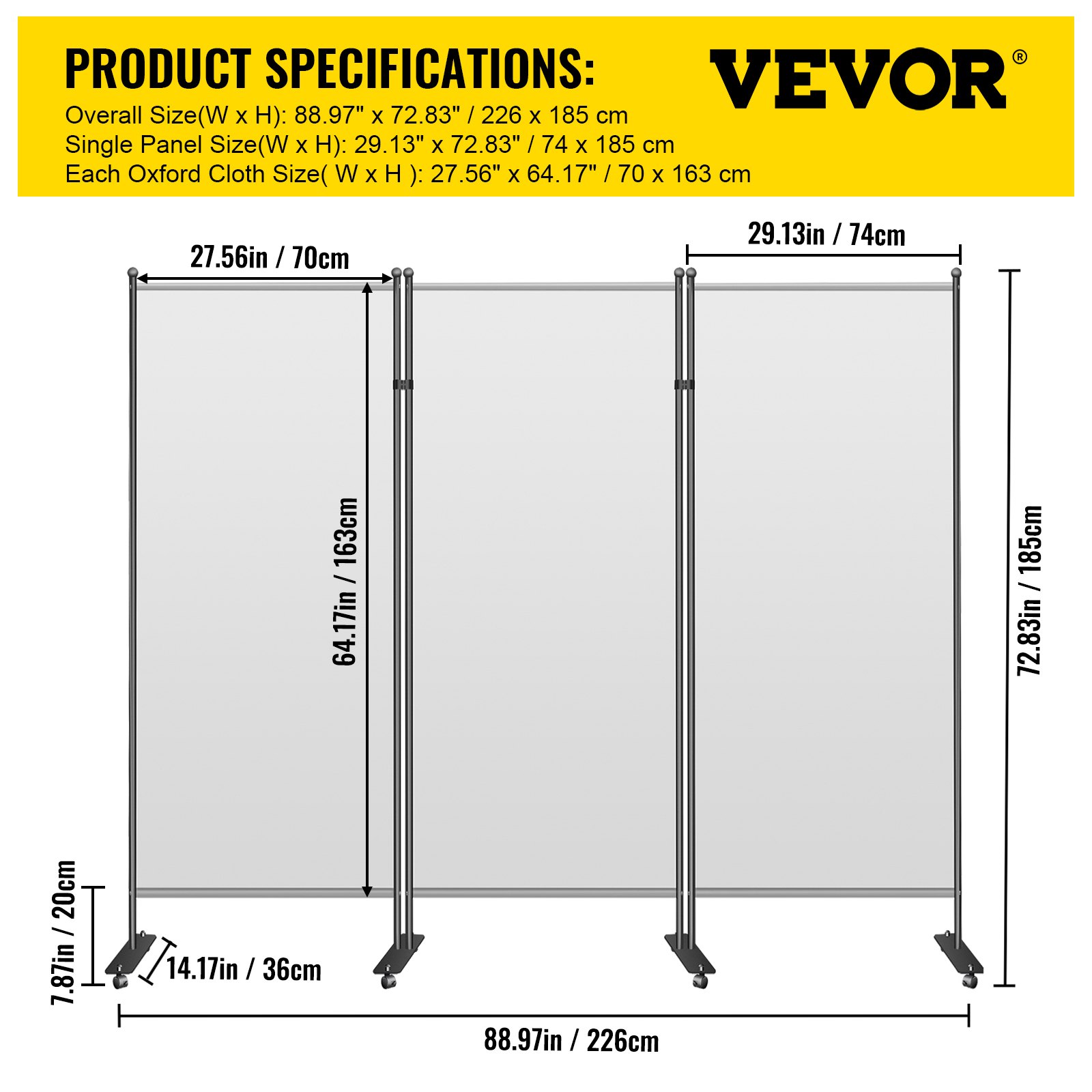 VEVOR Office Partition 89" W x 14" D x 72.8" H Room Divider 3-Panel Office Divider Folding Portable Office Walls with Non-See-Through Fabric Room Partition Light Gray for Room Office Restaurant