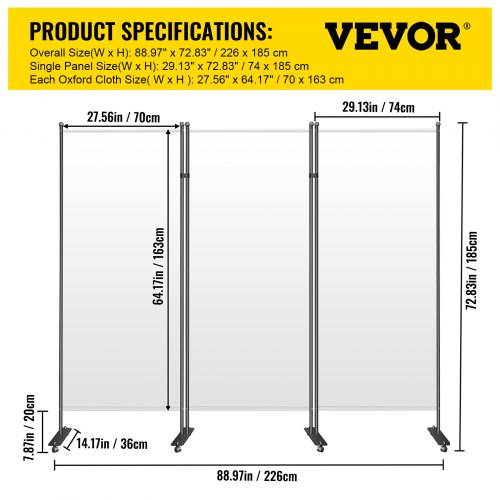 VEVOR Office Partition 89" W x 14" D x 73" H Room Divider Wall 3-Panel Office Divider Folding Portable Office Walls Divider with Non-See-Through Fabric Room Partition White for Room Office Restaurant