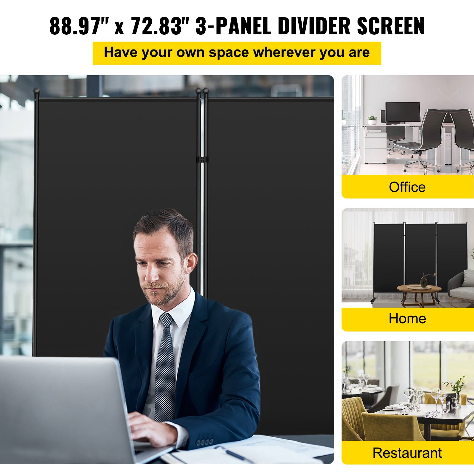 VEVOR Office Partition 89" W x 14" D x 73" H Room Divider Wall 3-Panel Office Divider Folding Portable Office Walls Divider with Non-See-Through Fabric Room Partition Black for Room Office Restaurant
