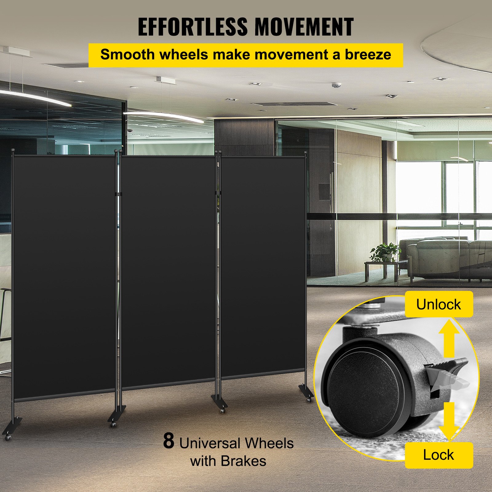 VEVOR Office Partition 89" W x 14" D x 73" H Room Divider Wall 3-Panel Office Divider Folding Portable Office Walls Divider with Non-See-Through Fabric Room Partition Black for Room Office Restaurant