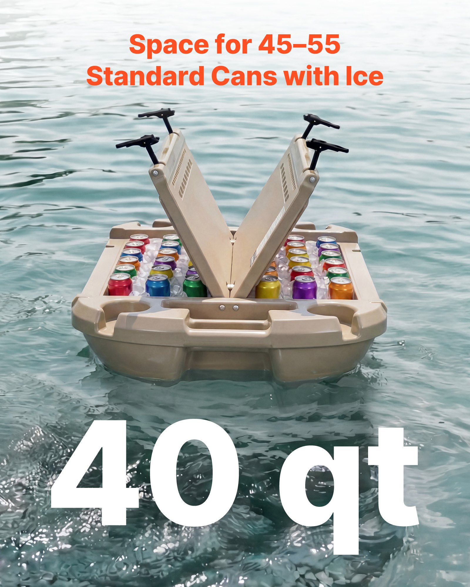 VEVOR Floating Cooler, 40 QT Floating Ice Chest with Dry Storage, Wheels & Tow Rope, Premium LLDPE Amphibious Drink Cooler for Water & Land, Stable Cruiser on Lake, River, Pool, Beach, Kayak, Apricot