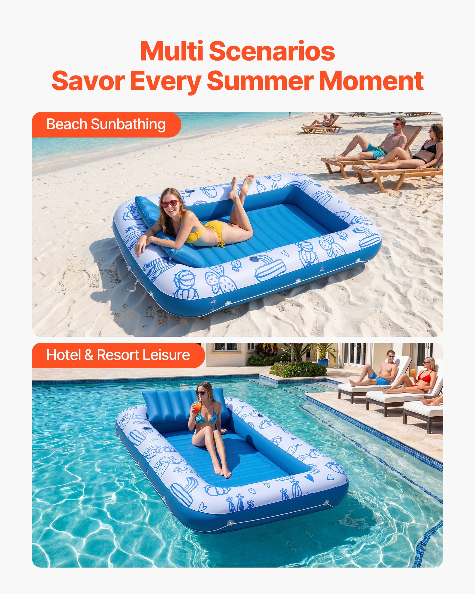VEVOR Inflatable Pool Float with UPF 50+ Canopy, 82" x 55" Large Tanning Pool Floating Lounger for Adults, 550LBS Capacity Sunbathing Lounger Floaties with Pillow, Phone & Cup Holder for Water Fun