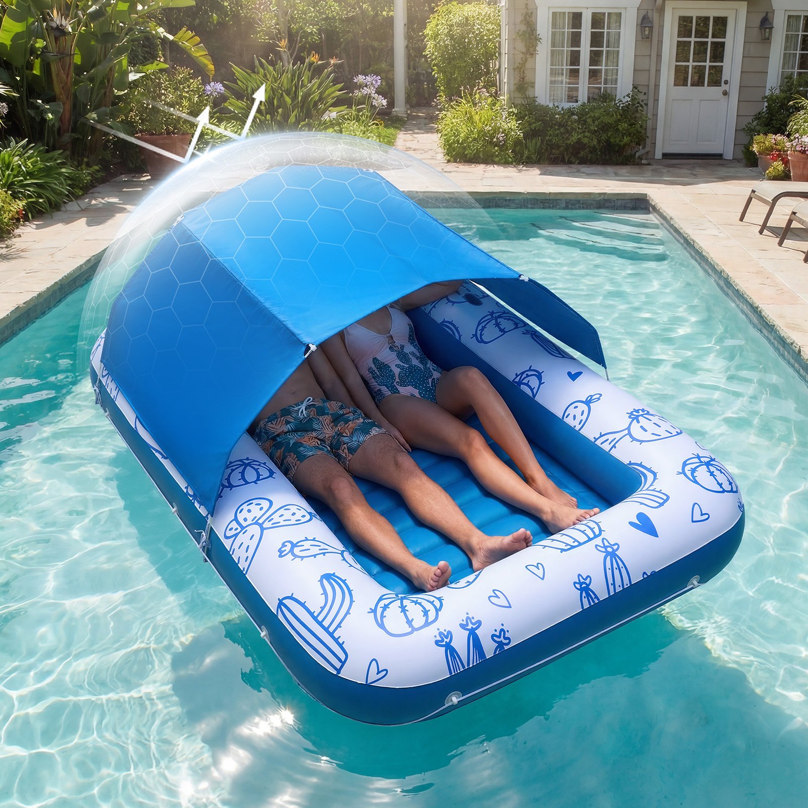 VEVOR Inflatable Pool Float with UPF 50+ Canopy, 82" x 55" Large Tanning Pool Floating Lounger for Adults, 550LBS Capacity Sunbathing Lounger Floaties with Pillow, Phone & Cup Holder for Water Fun