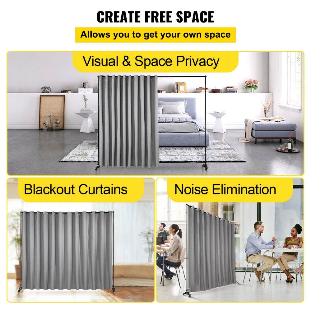VEVOR Kit de divisor de habitación, 8 pies x 10 pies, soporte divisor de cortina con 4 ruedas rodantes, marco de aleación de aluminio, cortina opaca y bolsa Oxford portátil incluida, divisor de habitación expandible para oficina (plateado)