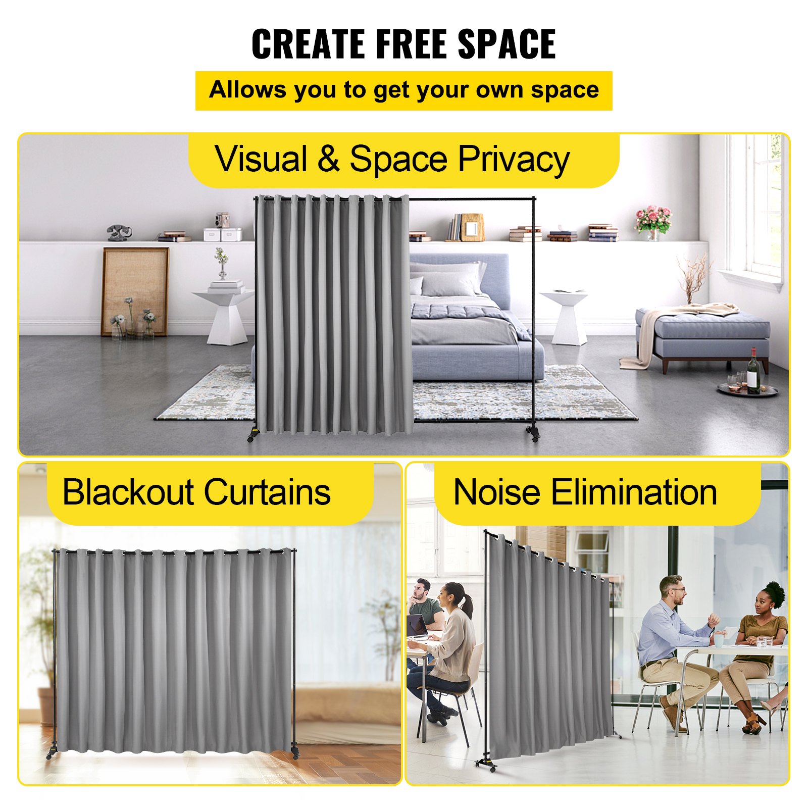 VEVOR Kit de divisor de habitación, 8 pies x 10 pies, soporte divisor de cortina con 4 ruedas rodantes, marco de aleación de aluminio, cortina opaca y bolsa Oxford portátil incluida, divisor de habitación expandible para oficina (plateado)