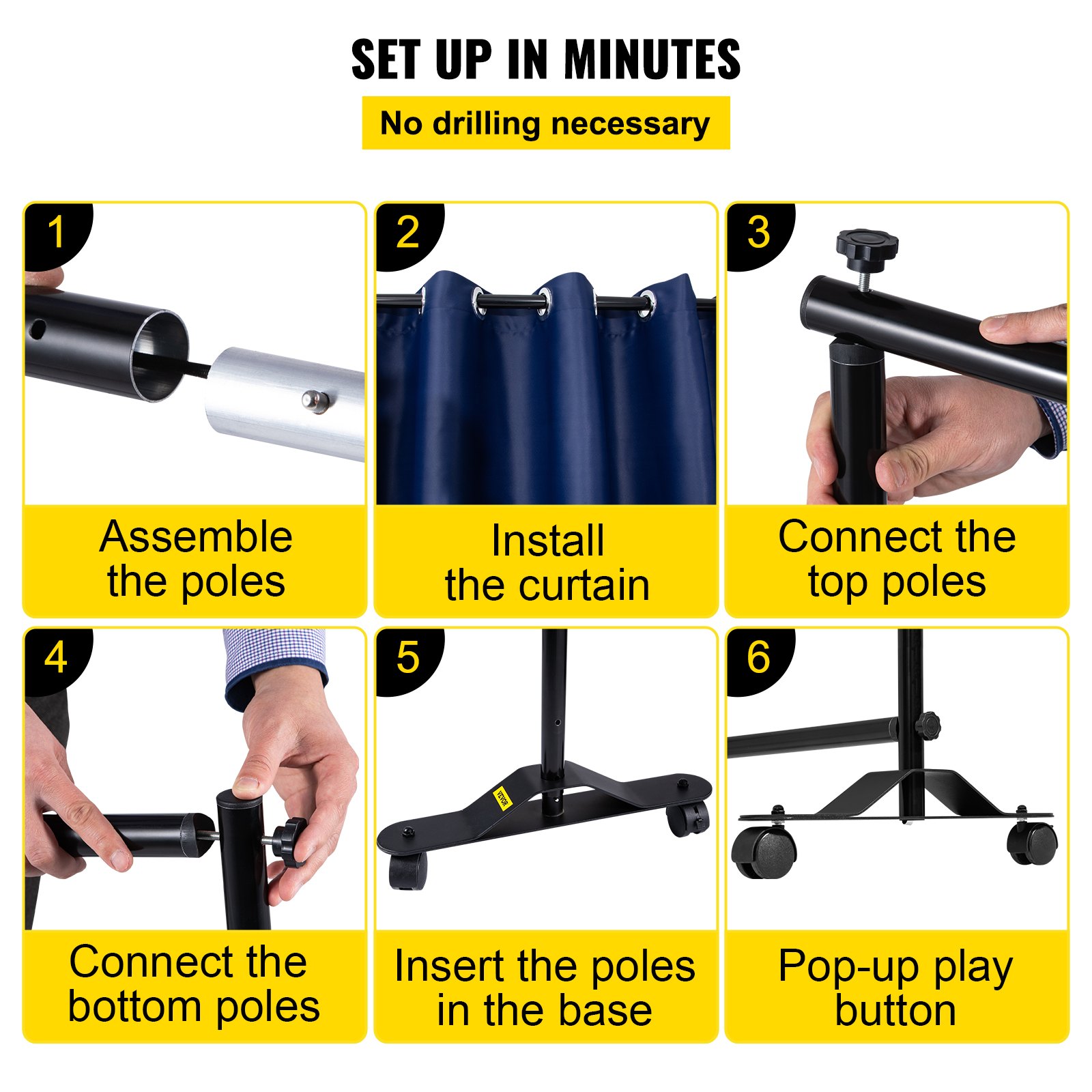 VEVOR Curtain Divider Stand, 8 ft x 10 ft, 4 Rolling Wheels Room Divider Kit, Aluminum Alloy Frame, Blackout Curtain & Portable Oxford Bag Included, Expandable Room Divider for Office, Conference Navy