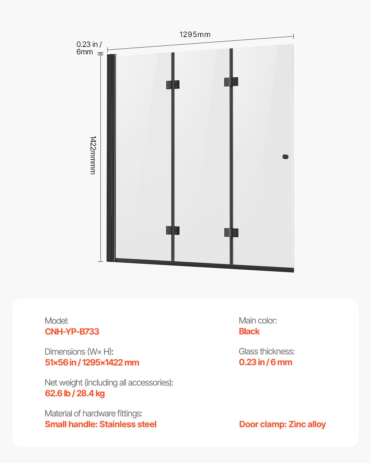 VEVOR Bathtub Shower Door, 51 in. W x 56 in. H, Frameless Foldable Hinged Shower Door, Tri-Fold Shower Glass Door with 1/4 in Tempered Glass Door, 180°Rotating and Folding Design, for Bathtub, Black