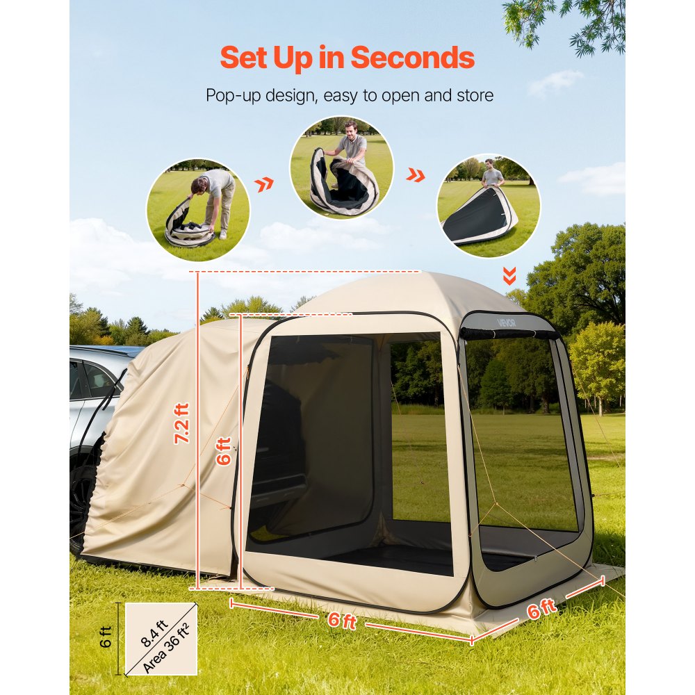 VEVOR Screen House Tent, 6 x 6 ft, 4-6 Person Pop Up SUV Tailgate Tent, Portable Screened in Canopy with Carry Bag, Netting Sides, for Car Camping, Garden, Patio, Backyard, Outdoor Activities, Beige