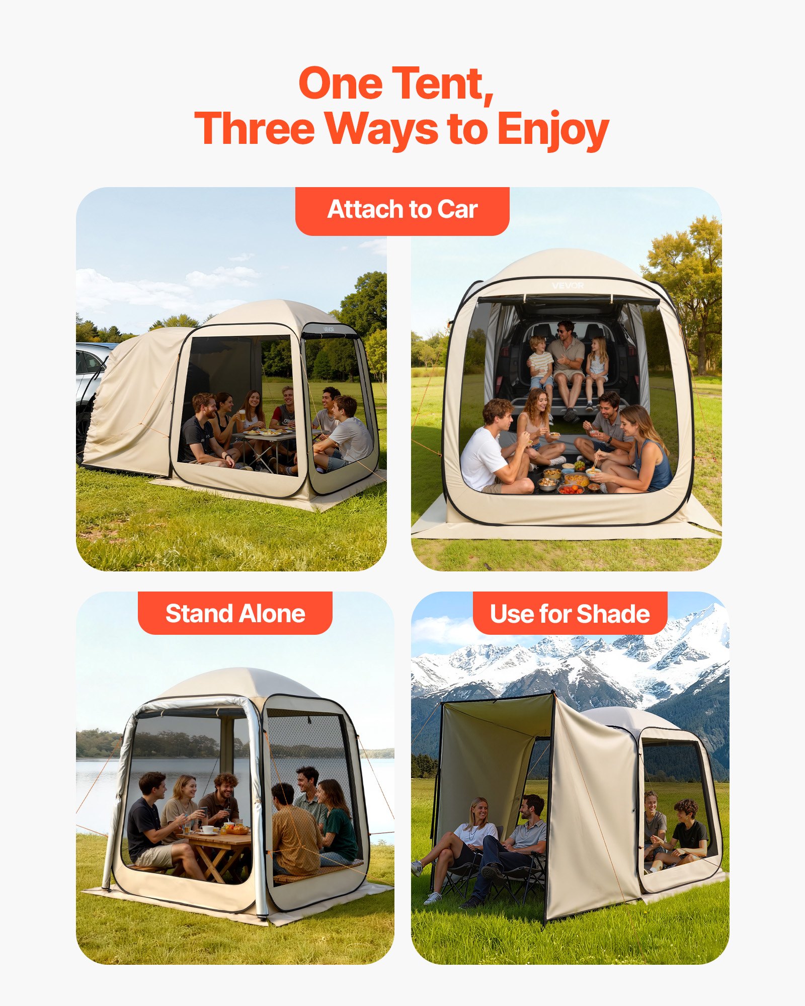VEVOR Screen House Tent, 6 x 6 ft, 4-6 Person Pop Up SUV Tailgate Tent, Portable Screened in Canopy with Carry Bag, Netting Sides, for Car Camping, Garden, Patio, Backyard, Outdoor Activities, Beige