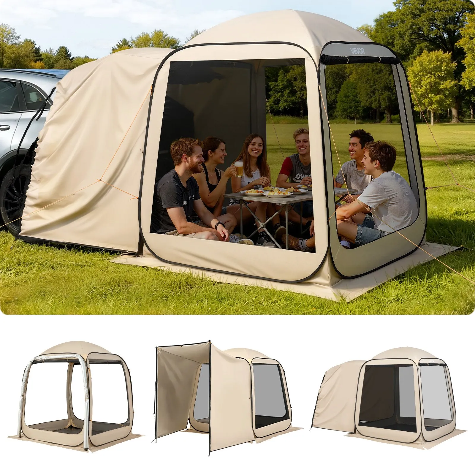 VEVOR Screen House Tent, 6 x 6 ft, 4-6 Person Pop Up SUV Tailgate Tent, Portable Screened in Canopy with Carry Bag, Netting Sides, for Car Camping, Garden, Patio, Backyard, Outdoor Activities, Beige