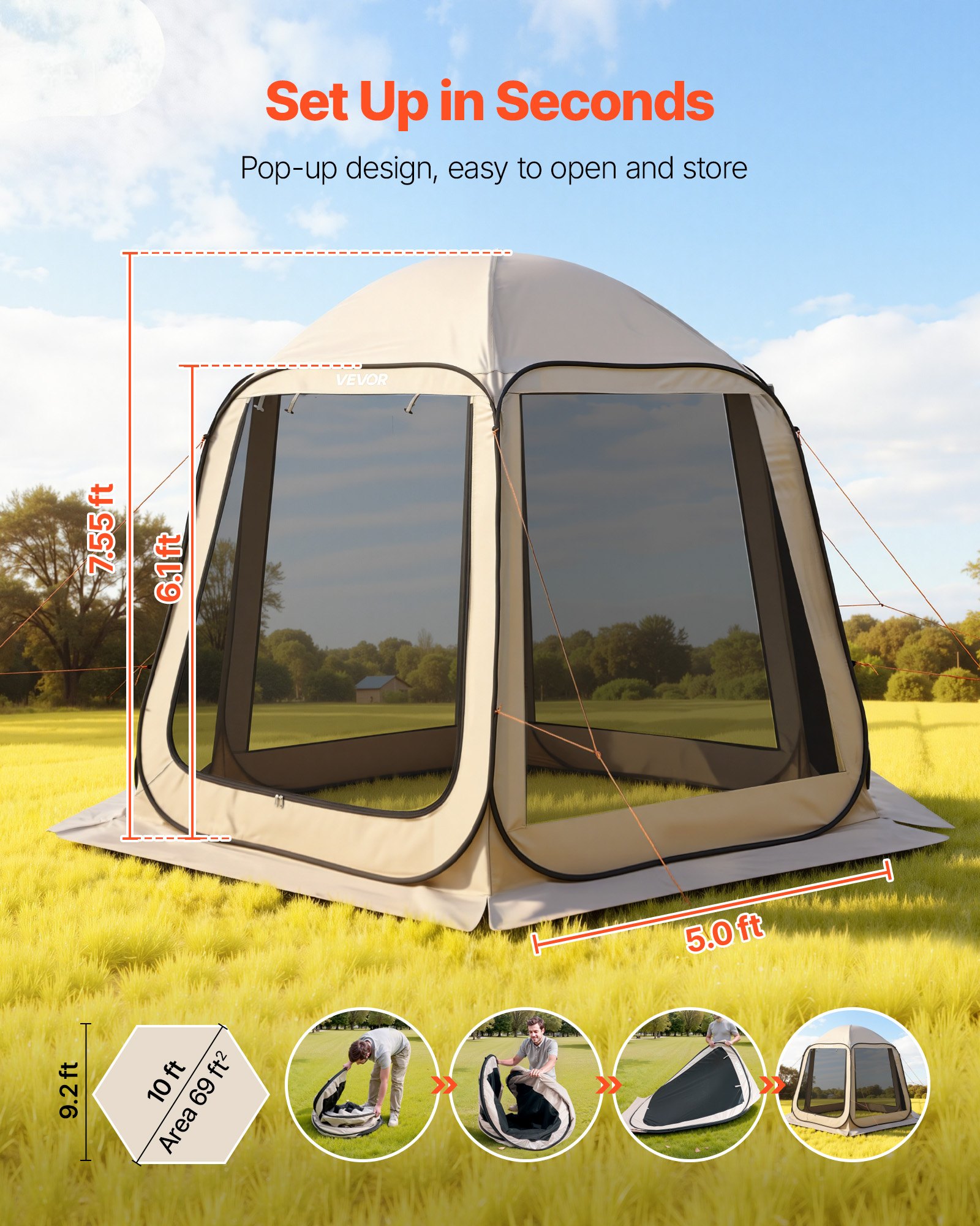 VEVOR Screen House Tent, 10 x 9.2 ft, 4-8 Person Pop Up Screen Tent, Portable Screened in Canopy with Carry Bag, Netting Sides, Ground Stakes, for Garden, Patio, Backyard, Outdoor Activities, Beige