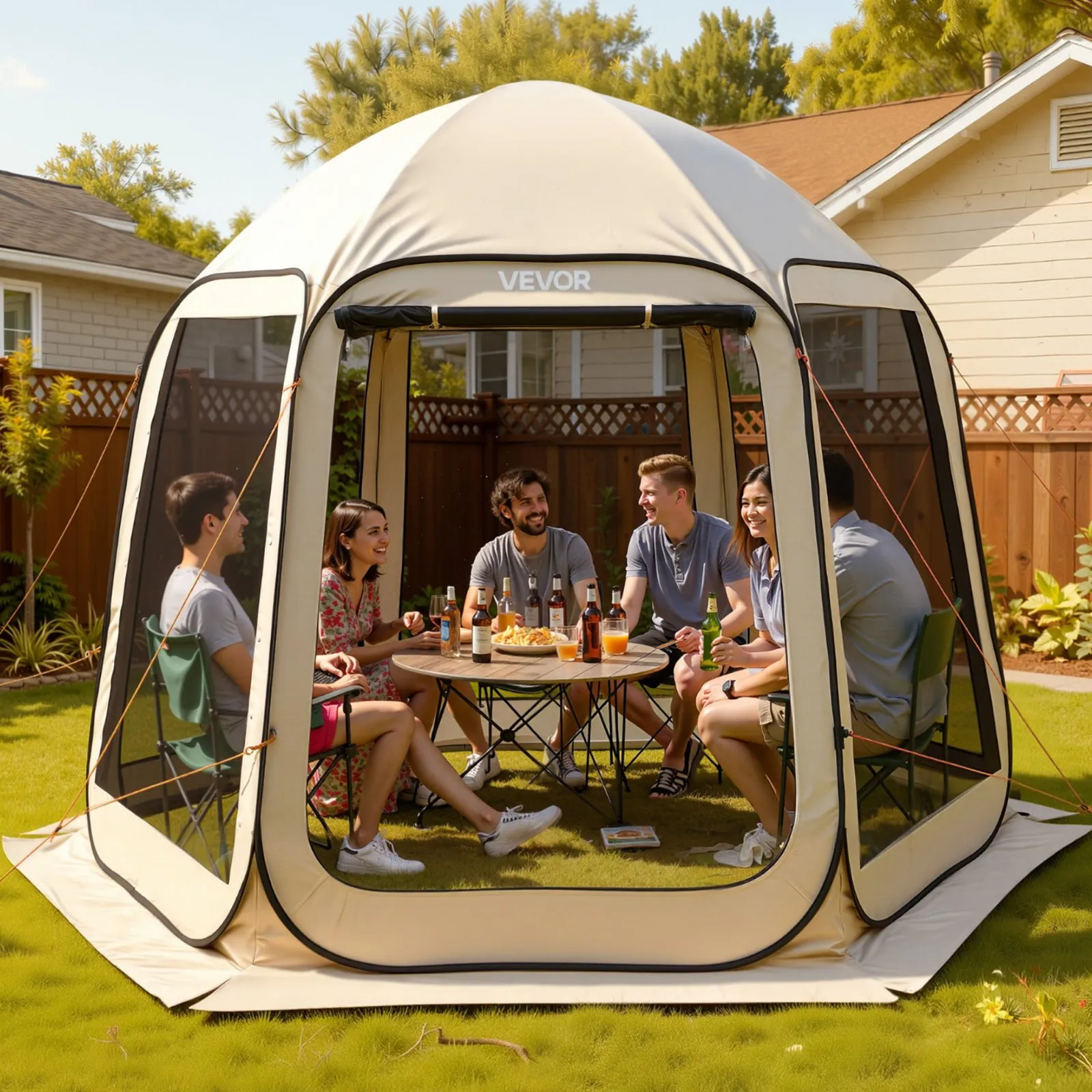 VEVOR Screen House Tent, 10 x 9.2 ft, 4-8 Person Pop Up Screen Tent, Portable Screened in Canopy with Carry Bag, Netting Sides, Ground Stakes, for Garden, Patio, Backyard, Outdoor Activities, Beige