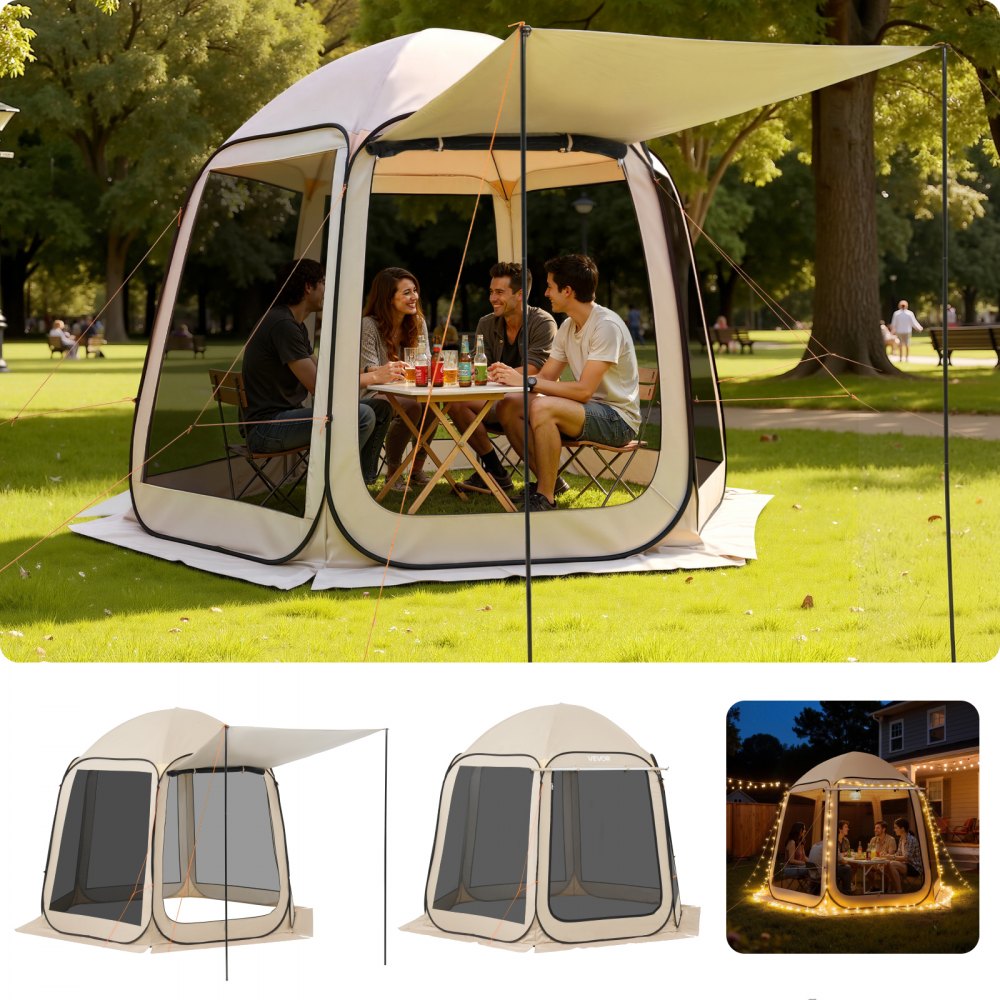VEVOR Screen House Tent, 10 x 9.2 ft, 4-8 Person Pop Up Screen Tent with Extended Awning, Portable Screened in Canopy with Carry Bag, Netting Sides, for Patio, Backyard, and Outdoor Activities, Beige