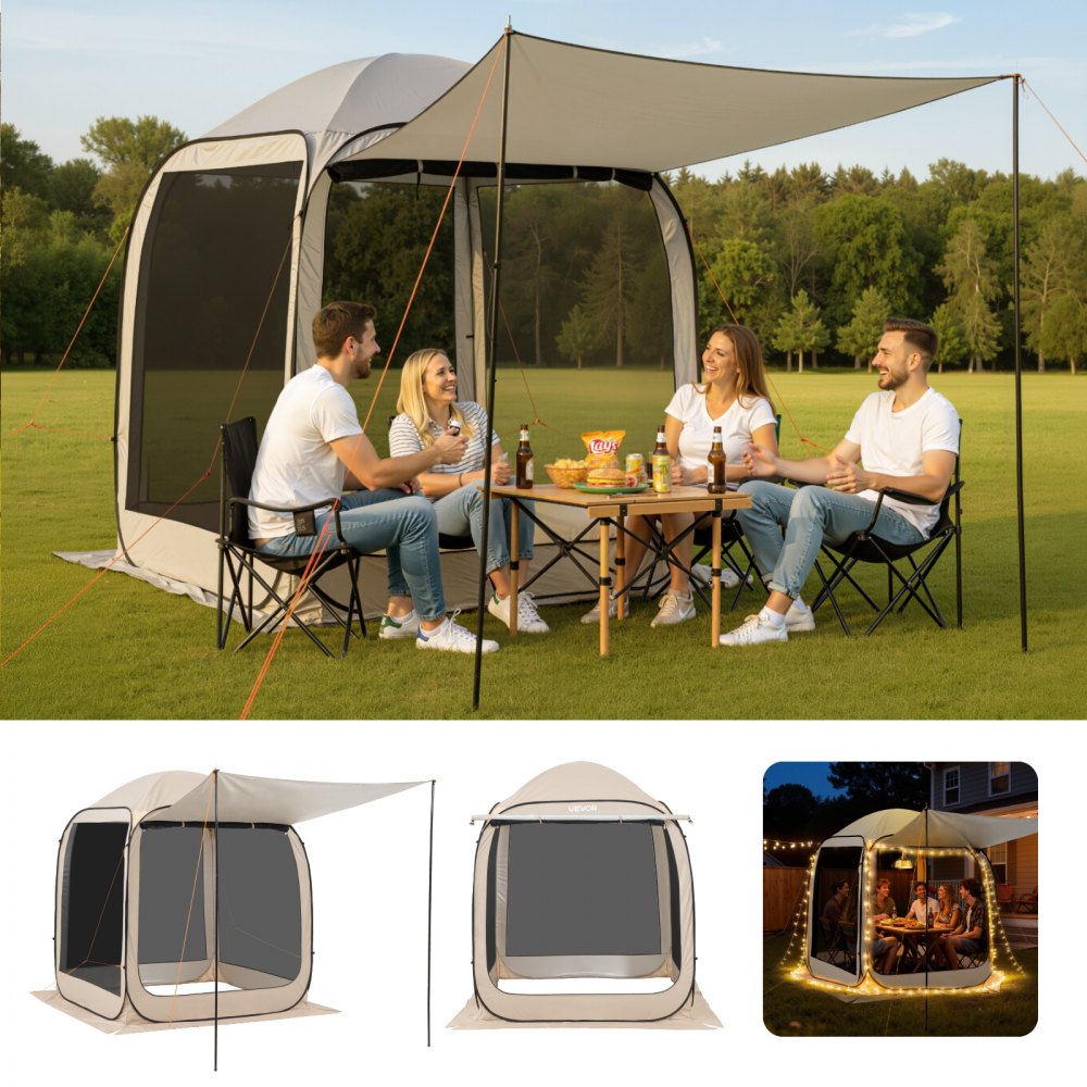 VEVOR Screen House Tent, 6 x 6 ft, 4-6 Person Pop Up Screen Tent with Extended Awning, Portable Screened in Canopy with Carry Bag, Netting Sides, for Patio, Backyard, and Outdoor Activities, Beige