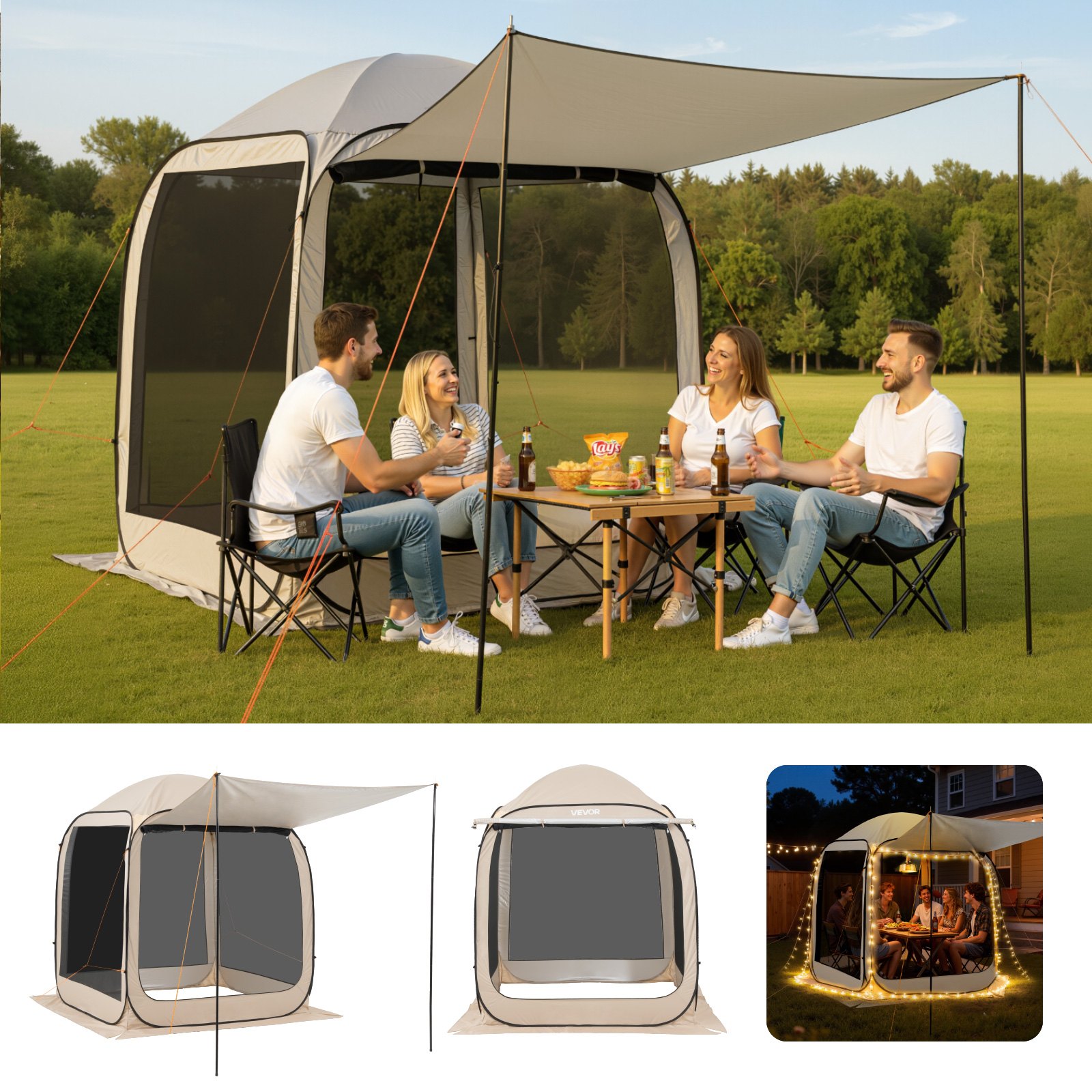VEVOR Screen House Tent, 6 x 6 ft, 4-6 Person Pop Up Screen Tent with Extended Awning, Portable Screened in Canopy with Carry Bag, Netting Sides, for Patio, Backyard, and Outdoor Activities, Beige