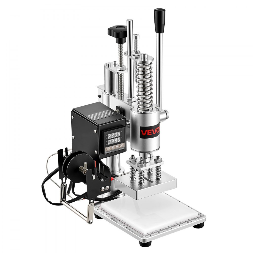VEVOR Heated Leather Punching Machine 10 x 10 cm Leather Stamp Press, For Hot Stamping and Punching, 160 kg Pressure, 40 mm Stroke, Chuck Fixation, with Digital Temperature Control Panel
