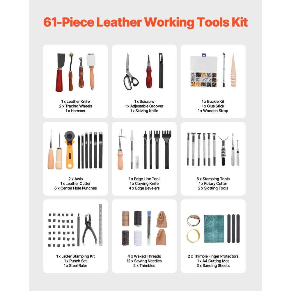 VEVOR Leather Working Tools Kit, 61 PCS Leather Craft Tools with Portable Canvas Storage Bag, Engraving Punching Sewing Stamping Sanding Tools, Ideal for Beginners DIY Enthusiasts and Professionals