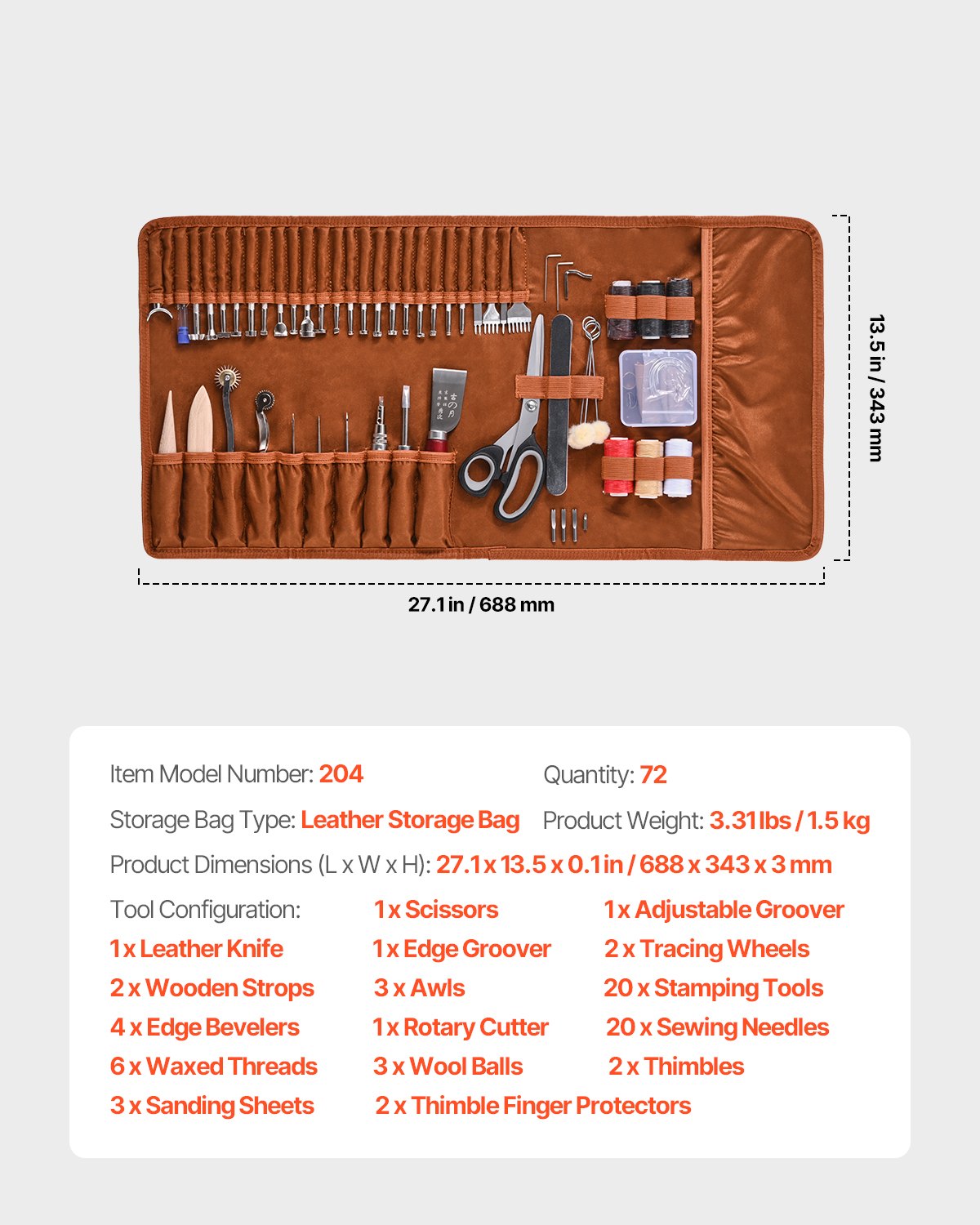 VEVOR Leather Working Tools Kit, 72 PCS Leather Craft Tools with Portable Leather Storage Bag, Engraving Punching Sewing Stamping Sanding Tools, Ideal for Beginners DIY Enthusiasts and Professionals