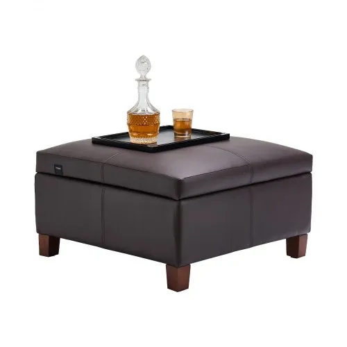 VEVOR 28 in Square Leather Ottoman with Storage, Upholstered Tufted Button Coffee Table Ottoman with Flip-Top Design, PU Leather High-Density Sponge for Living Room, Dorm, Bedroom, Dark Brown