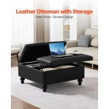34-37 in Square Leather Ottoman with Storage Coffee Table for Living Room Black