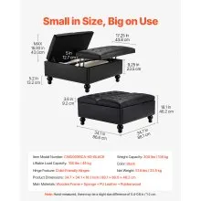 34-37 in Square Leather Ottoman with Storage Coffee Table for Living Room Black