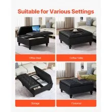 34-37 in Square Leather Ottoman with Storage Coffee Table for Living Room Black