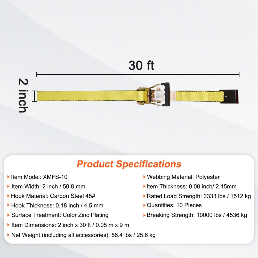 VEVOR racsnis rögzítőpántok (10 db-os), 10000 font szakítószilárdságú, végtelen racsnis 10 prémium 2" x 30' rögzítőpánttal, nagy teherbírású, sínrugós szerelvények rakományok, háztartási gépek, motorkerékpárok mozgatásához és rögzítéséhez