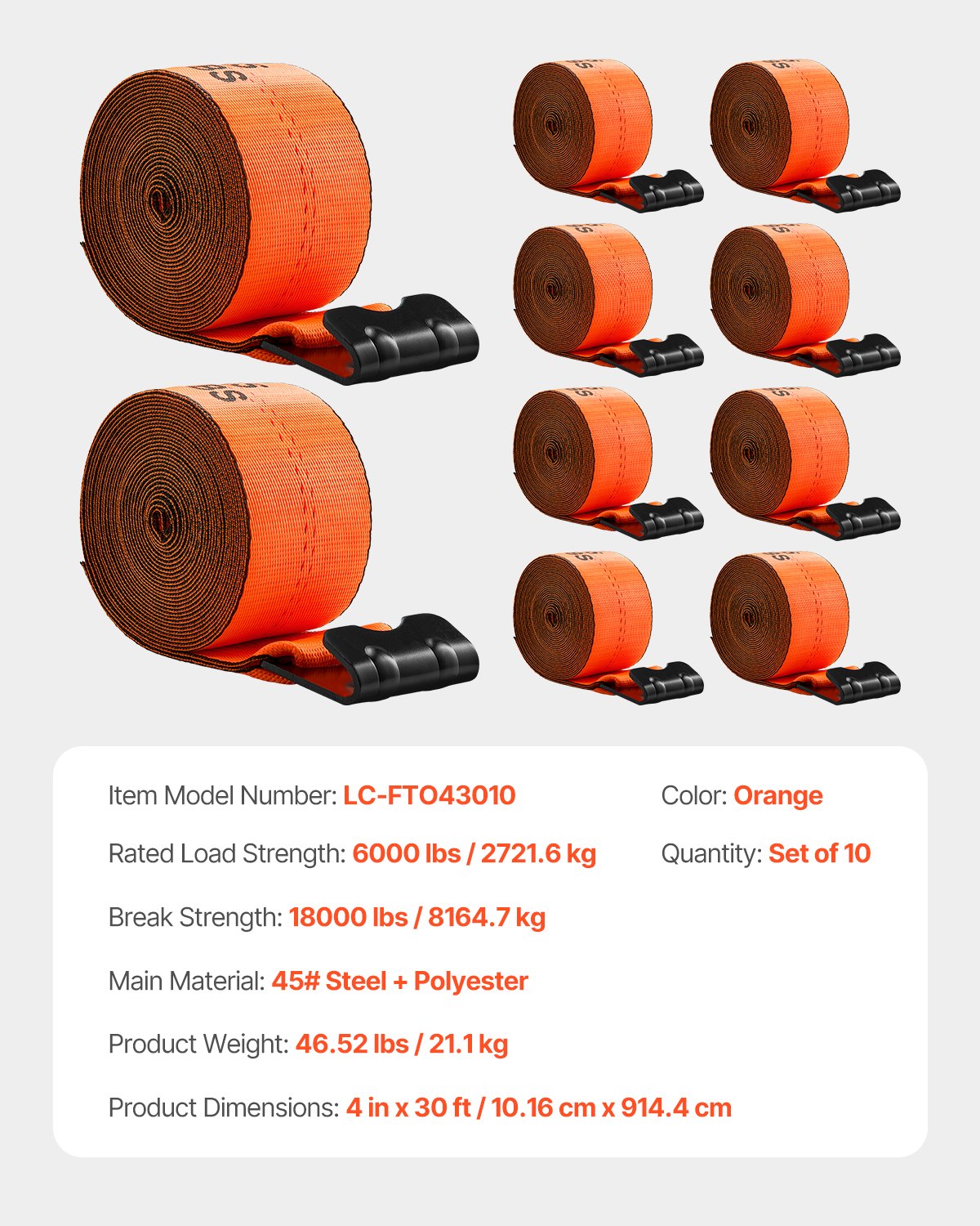 VEVOR Winch Straps, 10.16 cm x 914.4 cm Truck Straps with Flat Hook, 10 Pack Heavy Duty Trailer Straps with 8164.7 kg Break Strength, Cargo Tie-Down Straps, for Flatbeds, Trucks, Trailers & Farms