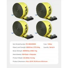 VEVOR Winch Straps, 4" x 30', 6000 lbs Load Capacity, 18000 lbs Break Strength, Truck Straps with Flat Hook, Flatbed Tie Downs Cargo Control for Trailers, Farms, Rescues, Tree Saver, Yellow (4 Pack)