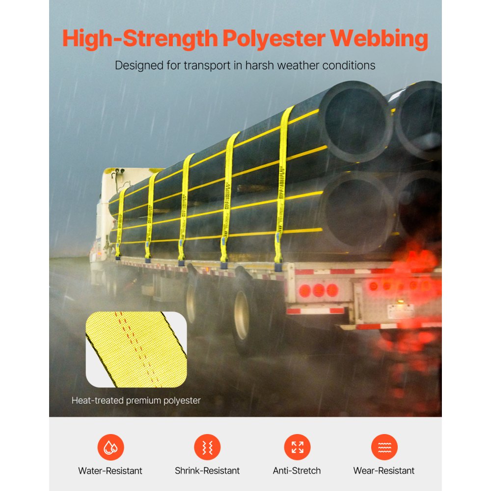VEVOR Winch Straps, 4" x 30', 6000 lbs Load Capacity, 18000 lbs Break Strength, Truck Straps with Flat Hook, Flatbed Tie Downs Cargo Control for Trailers, Farms, Rescues, Tree Saver, Yellow (10 Pack)