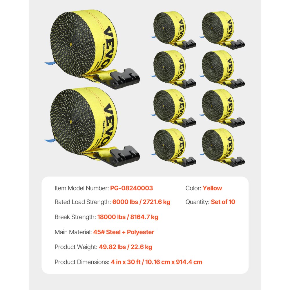 VEVOR Winch Straps, 4" x 30', 6000 lbs Load Capacity, 18000 lbs Break Strength, Truck Straps with Flat Hook, Flatbed Tie Downs Cargo Control for Trailers, Farms, Rescues, Tree Saver, Yellow (10 Pack)