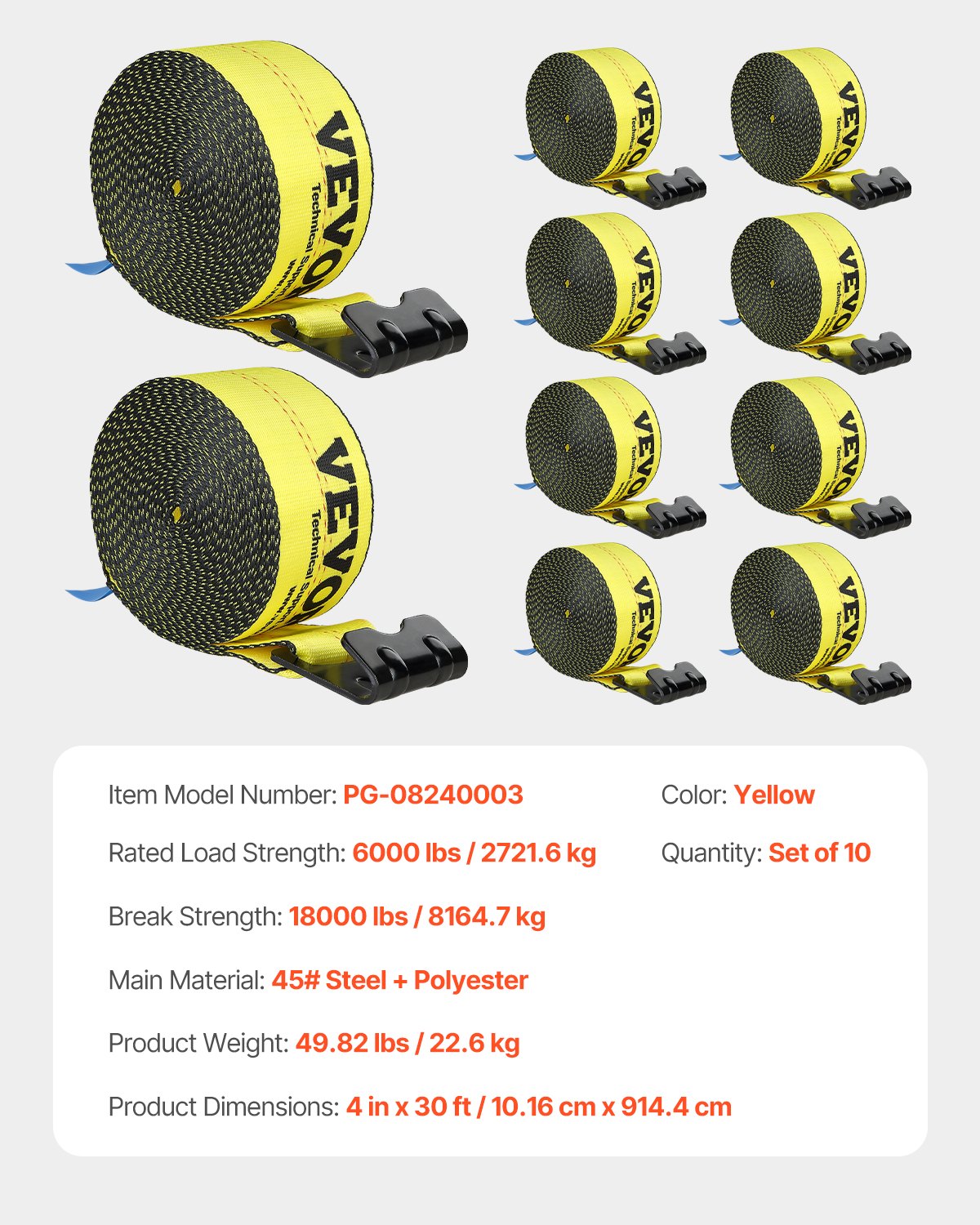 VEVOR Winch Straps, 4" x 30', 6000 lbs Load Capacity, 18000 lbs Break Strength, Truck Straps with Flat Hook, Flatbed Tie Downs Cargo Control for Trailers, Farms, Rescues, Tree Saver, Yellow (10 Pack)