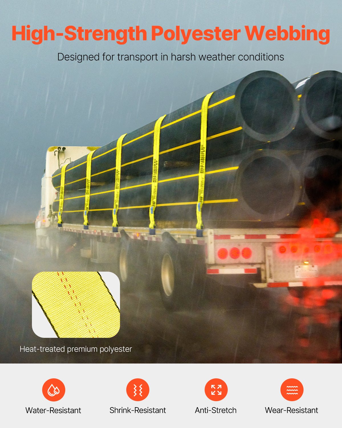 VEVOR Winch Straps, 10.2 cm x 9.1 m, 2.7T Load Capacity, 8.2T Break Strength, Truck Straps with Flat Hook, Flatbed Tie Downs Cargo Control for Trailers, Farms, Rescues, Tree Saver, Yellow (10 Pack)