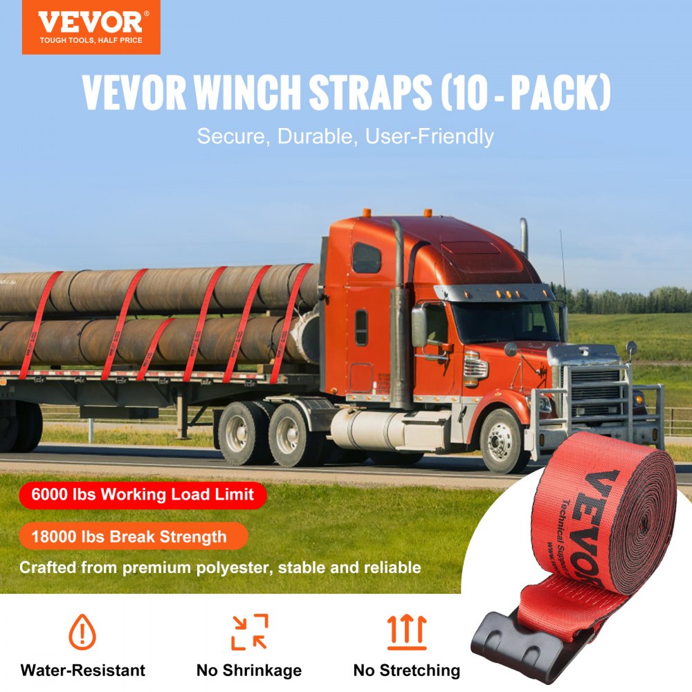 VEVOR Winch Straps 4 x 30' 6000 lbs Load Capacity 18000 lbs Breaking Strength Truck Straps with Flat Hook Flatbed Tie Downs Cargo Control for