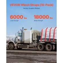 VEVOR Winch Straps, 4" x 30', 6000 lbs Load Capacity, 18000 lbs Breaking Strength, Truck Straps with Flat Hook, Flatbed Tie Downs Cargo Control for Trailers, Farms, Rescues, Tree Saver, Red (10 Pack)
