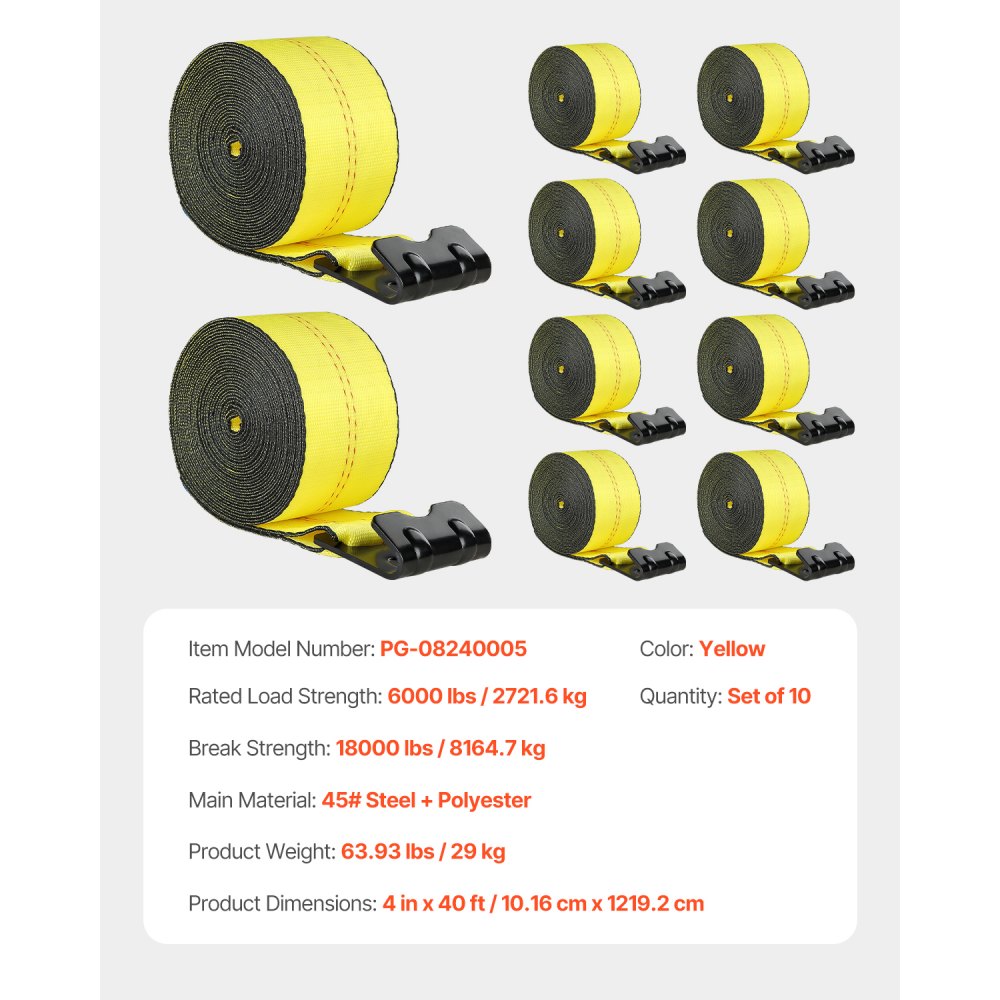 VEVOR Winch Straps, 4" x 40', 6000 lbs Load Capacity, 18000 lbs Break Strength, Truck Straps with Flat Hook, Flatbed Tie Downs Cargo Control for Trailers, Farms, Rescues, Tree Saver, Yellow (10 Pack)