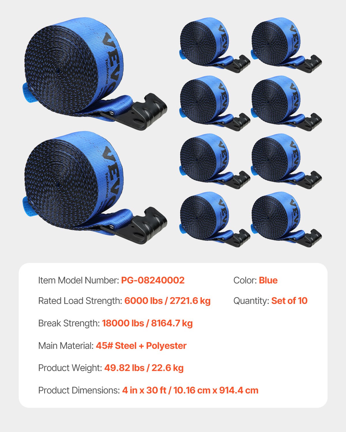 VEVOR Winch Straps, 4" x 30', 6000 lbs Load Capacity, 18000 lbs Breaking Strength, Truck Straps with Flat Hook, Flatbed Tie Downs Cargo Control for Trailers, Farms, Rescues, Tree Saver, Blue (10 Pack)