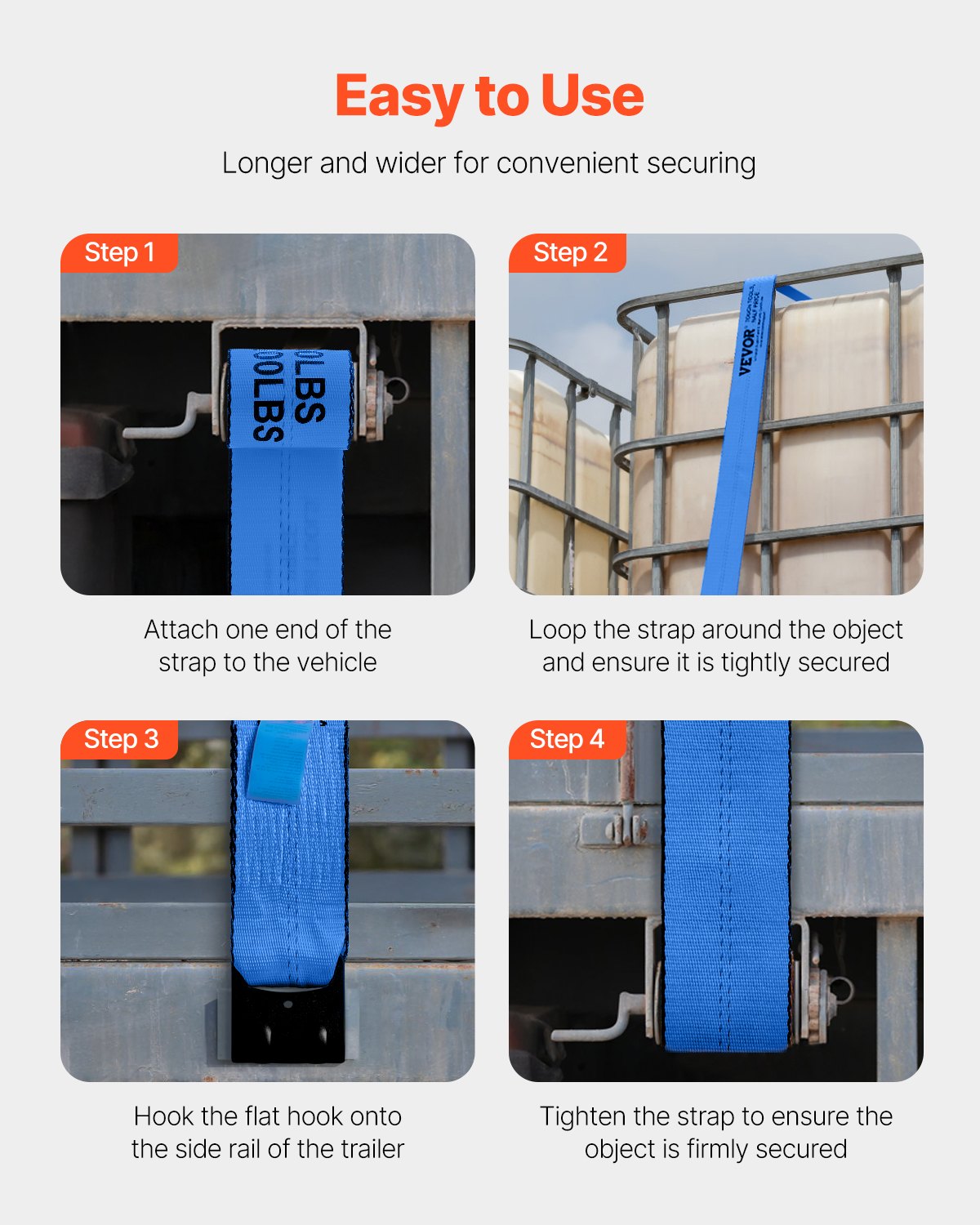 VEVOR Winch Straps, 10.2 cm x 9.1 m, 2.7T Load Capacity, 8.2T Breaking Strength, Truck Straps with Flat Hook, Flatbed Tie Downs Cargo Control for Trailers, Farms, Rescues, Tree Saver, Blue (10 Pack)