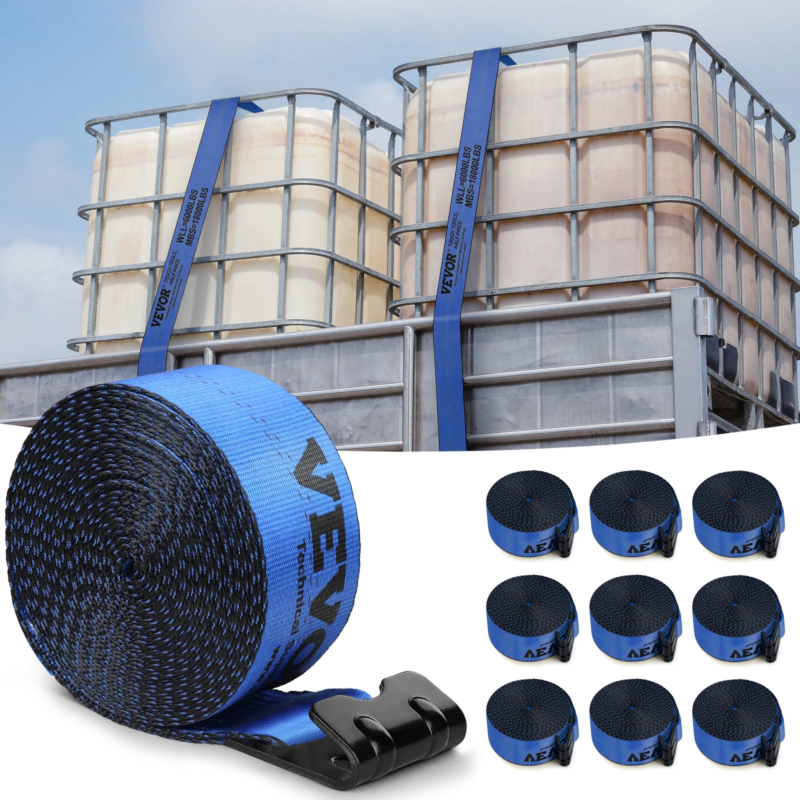Correas de cabrestante VEVOR, 10 cm x 9 m, capacidad de carga de 2777 kg, resistencia a la rotura de 8277 kg, correas para camión con gancho plano, amarres para plataforma, control de carga para remolques, granjas, rescates, protección de árboles, color azul (paquete de 10)