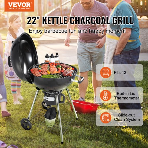 VEVOR 22" Kettle Charcoal Grill, Premium Kettle Grill with Wheels Grate and Cover, Porcelain-Enameled Lid and Firebowl with Slide Out Ash Catcher Thermometer for BBQ, Camping, Picnic, Patio and Backyard